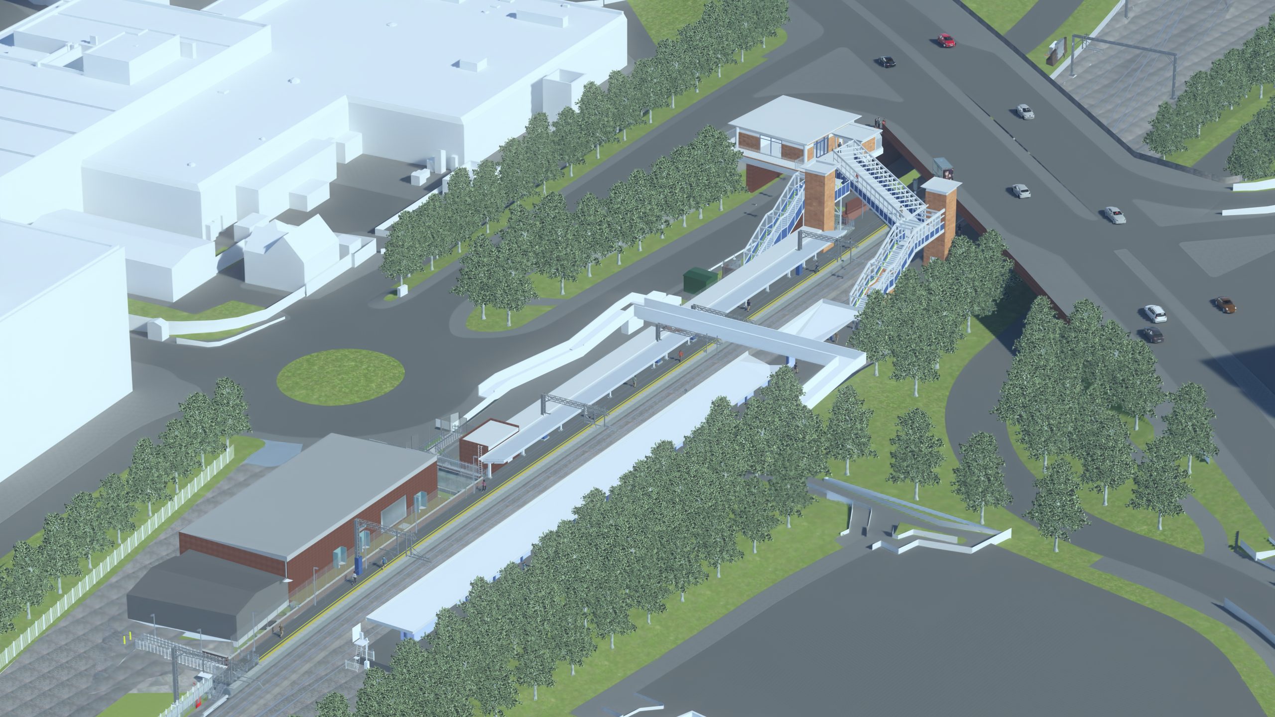 3D visualisation aerial view of the station with new platform - via Network Rail 