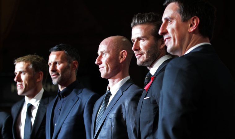 (left to right) Phil Neville, Ryan Giggs, Nicky Butt, David Beckham and Gary Neville  arriving for the World premiere of documentary film The Class of 92 - detailing the rise to prominence and sporting superstardom of six talented young Manchester United footballers, covering the period 1992-1999 and culminating in Manchester Uniteds European Cup triumph - at the Odeon West End in Leicester Square, central London.