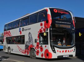 Stagecoach ADL Enviro 400 MMC 10534 wearing a special livery for the 2021 Royal British Legion Poppy Appeal, seen in Preston on 4th November. Credit: Alan Robson