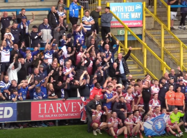 Swinton Lions celebrate their survival in the Betfred Championship. Image taken from Swinton Lions youtube channel