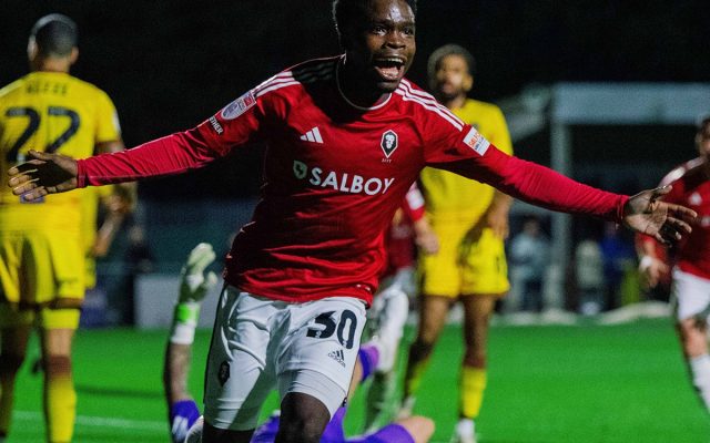 Kelly N'Mai celebrating his first Salford City goal against Sutton United. Image Credit: Salford City FC twitter