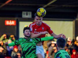 Matt Smith heading home his goal for Salford City against Forest Green Rovers. Credit - Salford City FC