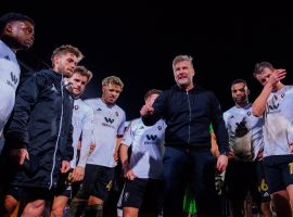 Karl Robinson giving a post-match team talk to his Salford City players. Image Credit: Salford City FC.