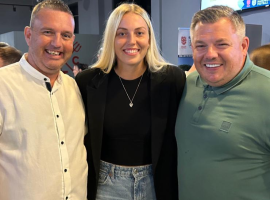 England and Everton's Emily Ramsey pictured with Deans Youth and Ladies club chairman Stephen Lockett and club sec David McGrath at the Manchester FA Grassroots awards.