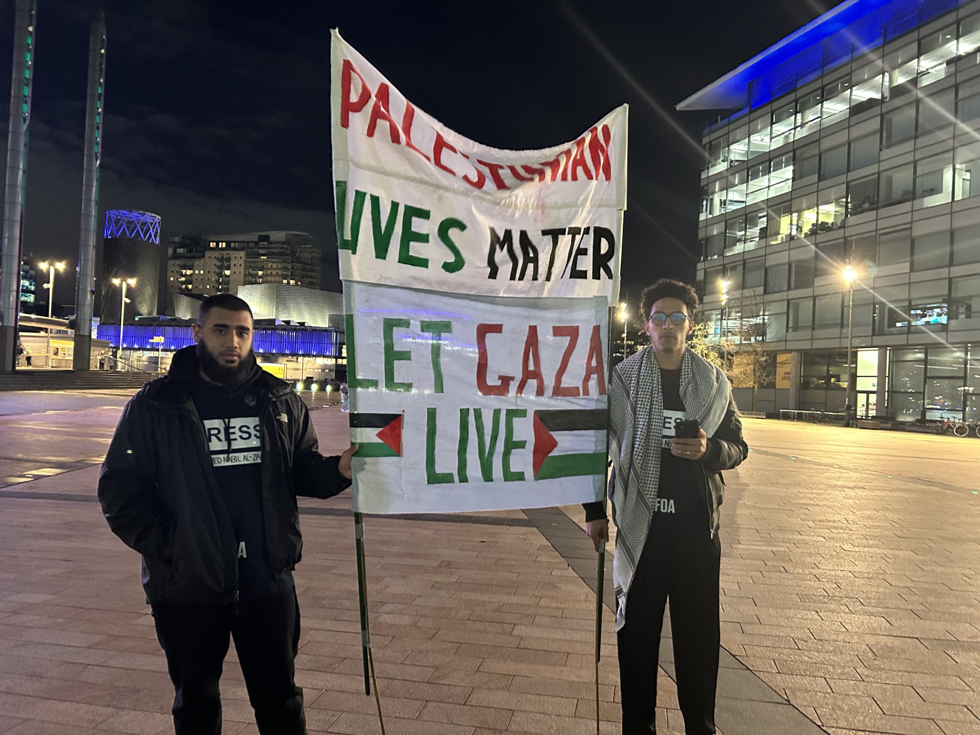 "There is a need in Salford for solidarity with Palestine" - Protestors hold vigil in MediaCity in honour of Palestinian journalists killed