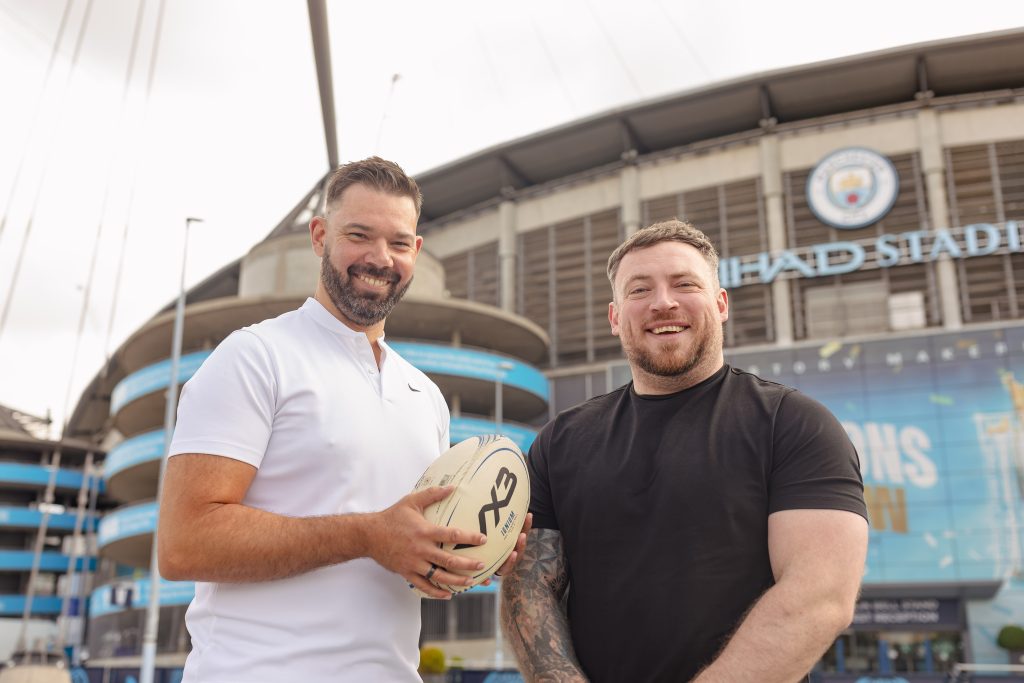 Nick Ryan with the Manchester Select player and rugby veteran, Chris Bamber to play in rugby showdown