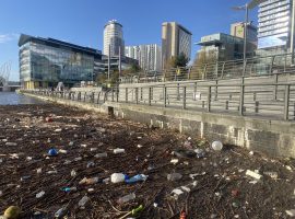 Debris build up at Salford Quays from Storm Bert