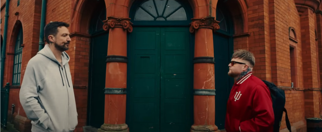 Frank Turner and Thom Rylance of The Lottery Winners outside Salford Lads' Club