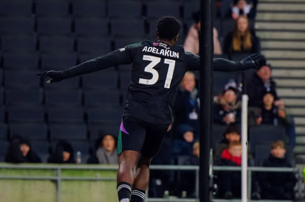 Habeeb Adelakun celebrating for Salford City vs MK Dons