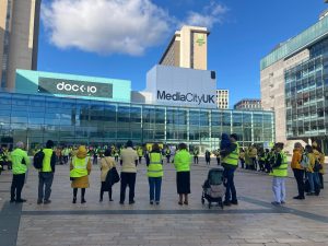 People gathered at the Piazza of MediaCity UK outside the BBC 