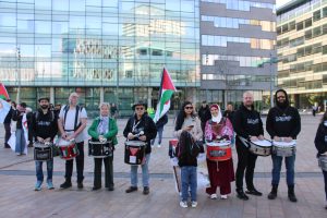 Manchester Drummers for Palestine at the BBC headquarters in Media City
