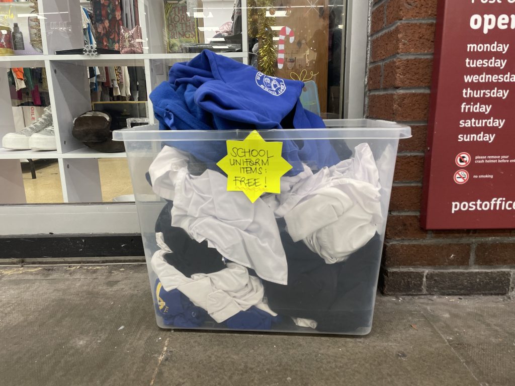 Box of uniform at Peace of Mind (Lucy Hirst, 2025)